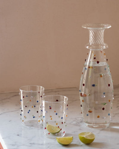 Pom Glass Water Tumbler Set of four Multicoloured and Glass Pom Water Carafe Multicoloured 