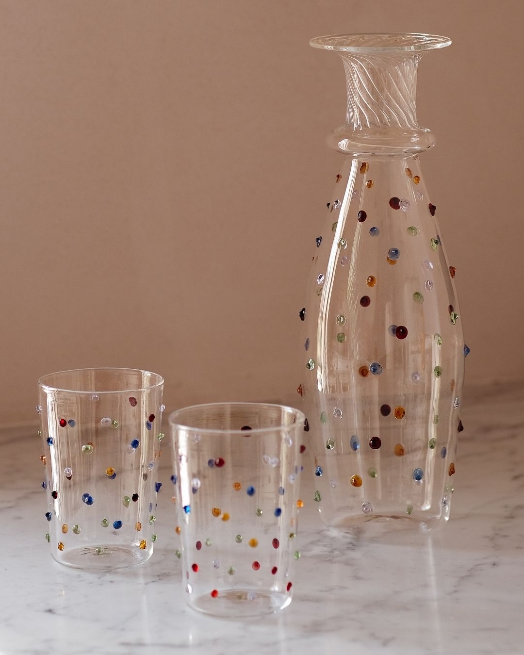 Pom Glass Water Tumbler Set of four Multicoloured and Glass Pom Water Carafe Multicoloured 2