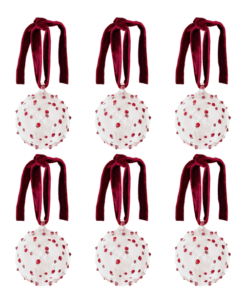 Box of Six Pom Glass Baubles - Red