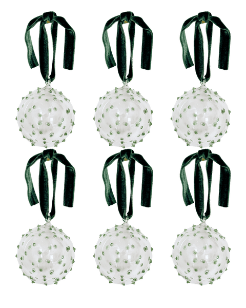 Box of Six Pom Glass Baubles - Green