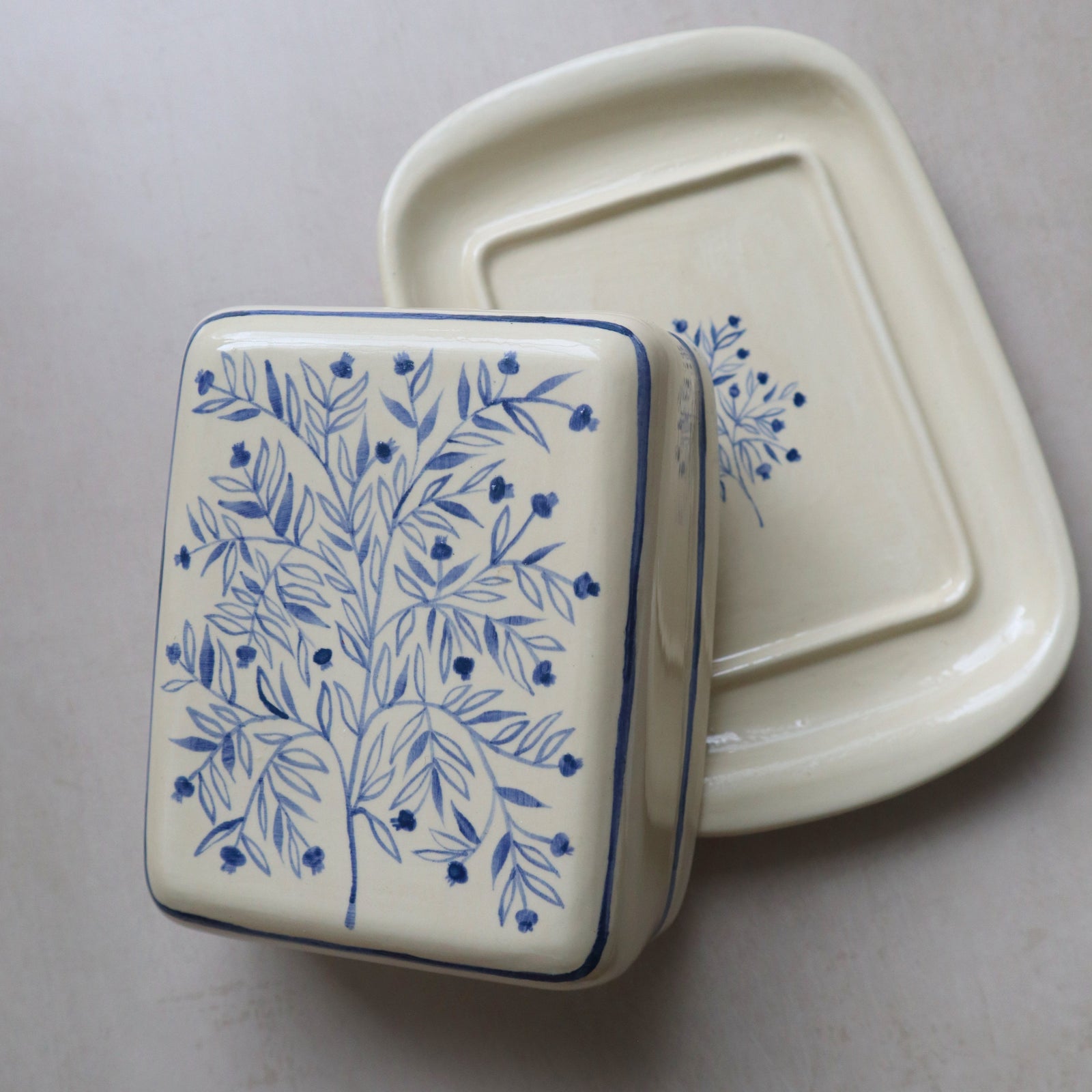 Hand Painted Pomegranate Tree Butter Dish - Blue