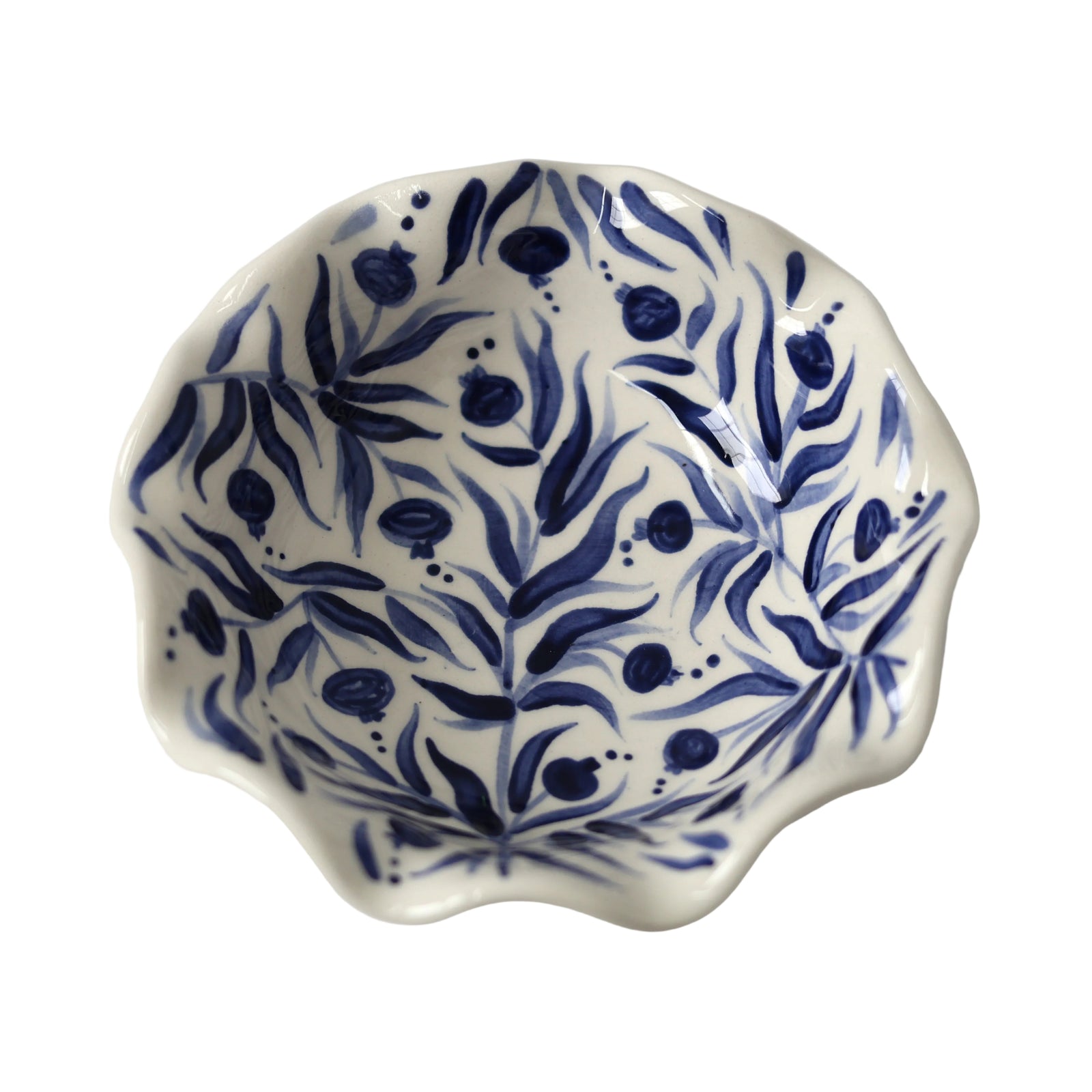 Hand Painted Pomegranate Scalloped Bowl - Deep Blue