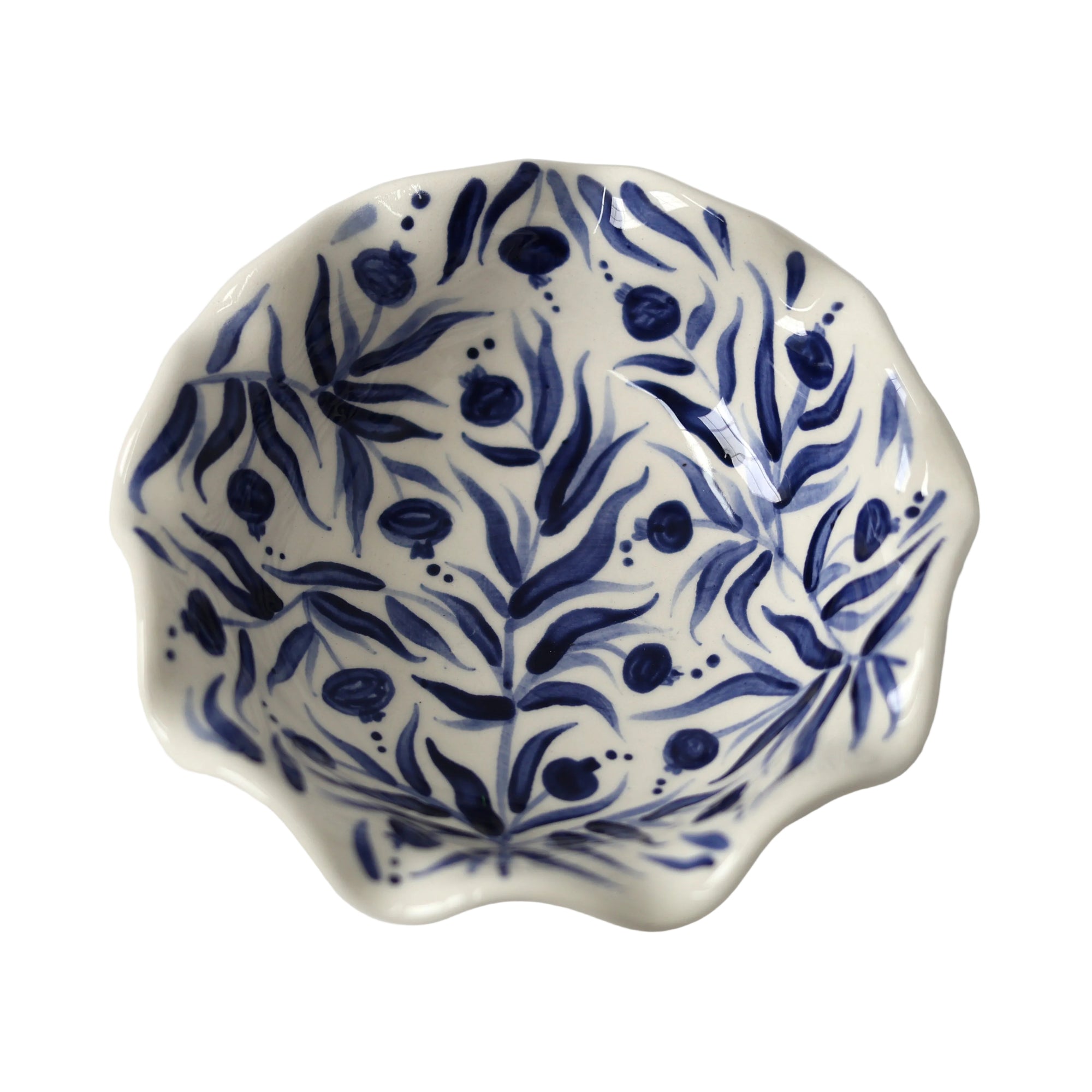 Hand Painted Pomegranate Scalloped Bowl - Deep Blue
