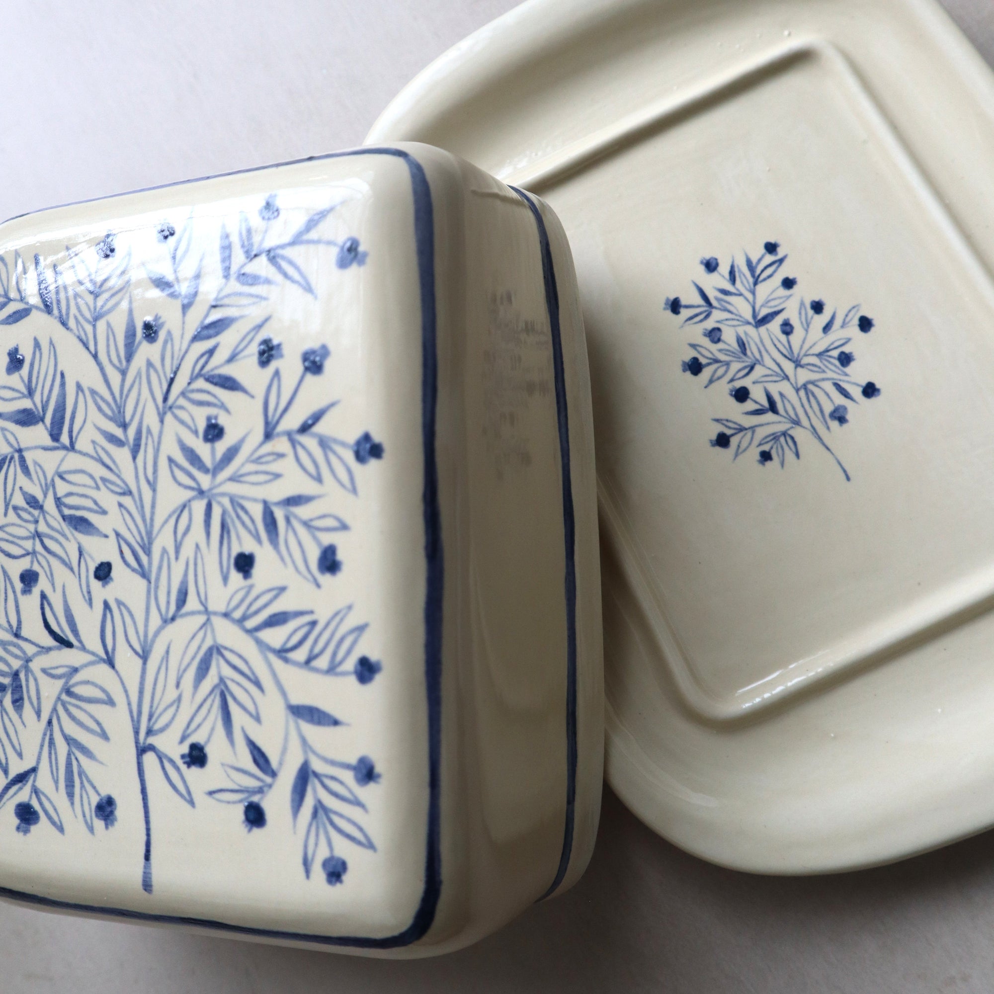 Hand Painted Pomegranate Tree Butter Dish - Blue