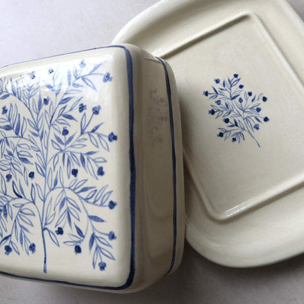 Hand Painted Pomegranate Tree Butter Dish - Blue
