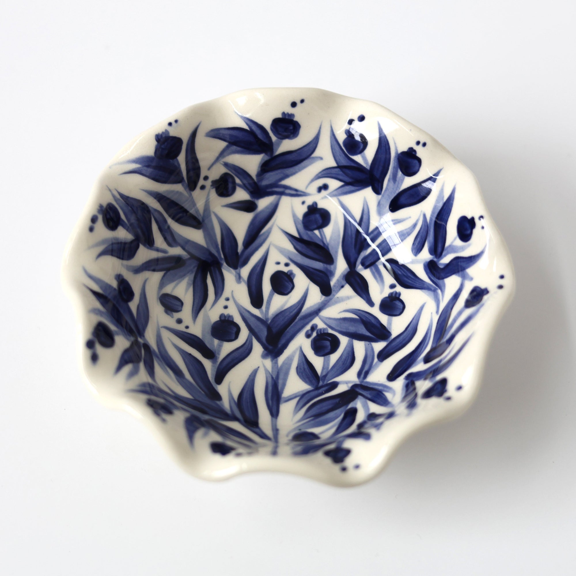 Hand Painted Pomegranate Scalloped Bowl - Deep Blue
