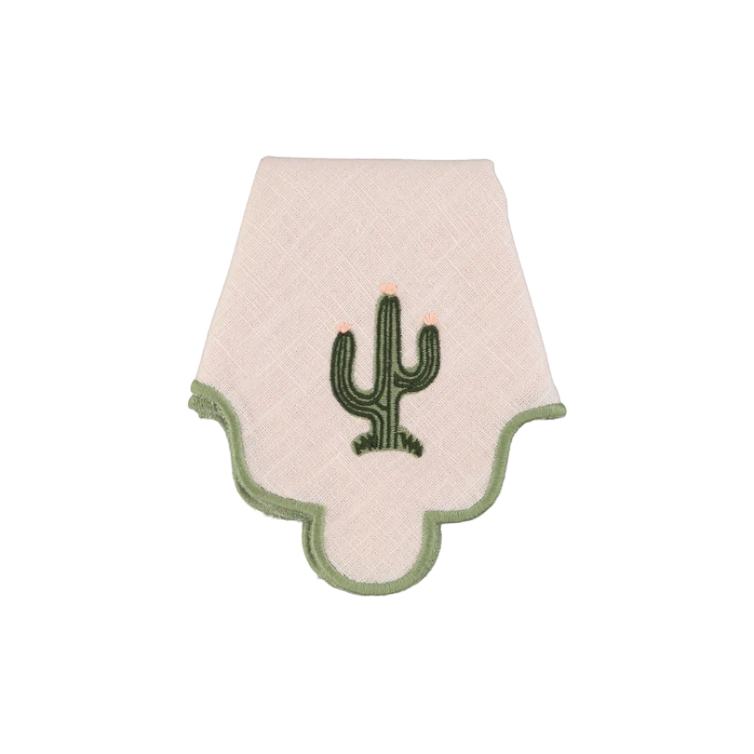 Baby Pink Scalloped Napkin with Green Embroidered Cactus