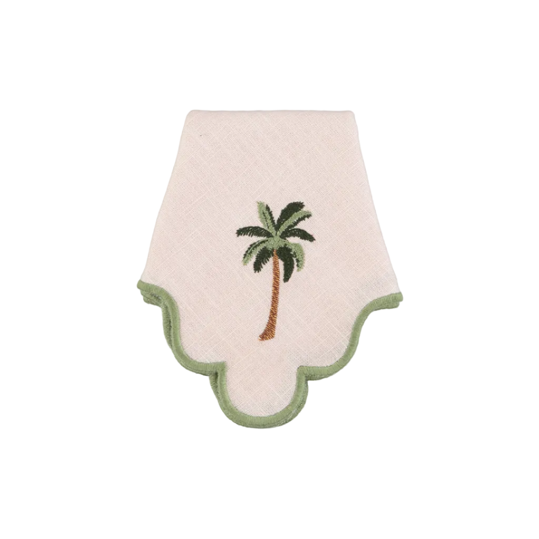 Baby Pink Scalloped Napkin with Green Embroidered Palm Tree