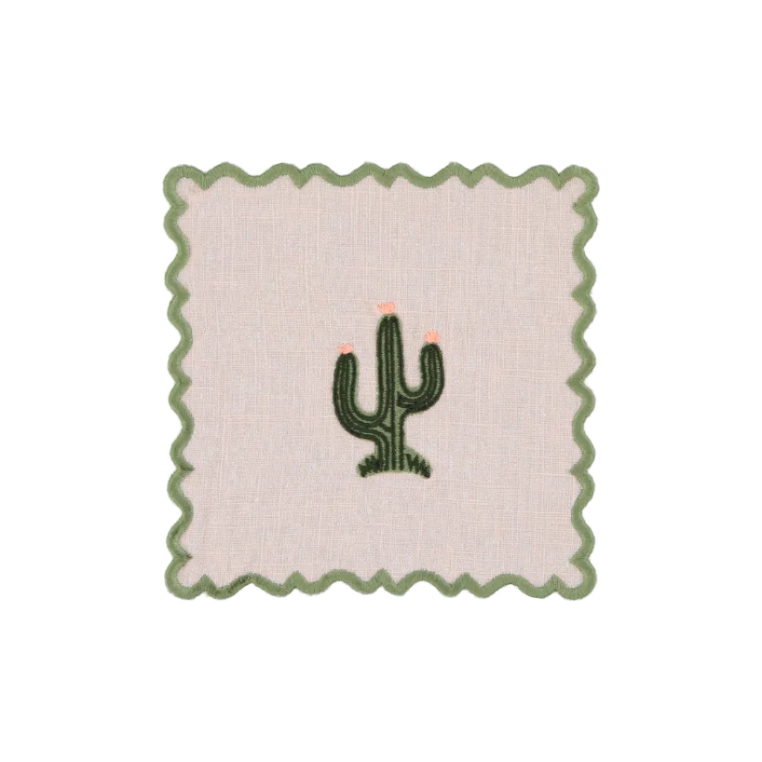 Baby Pink Scalloped Cocktail Napkin with Green Cactus