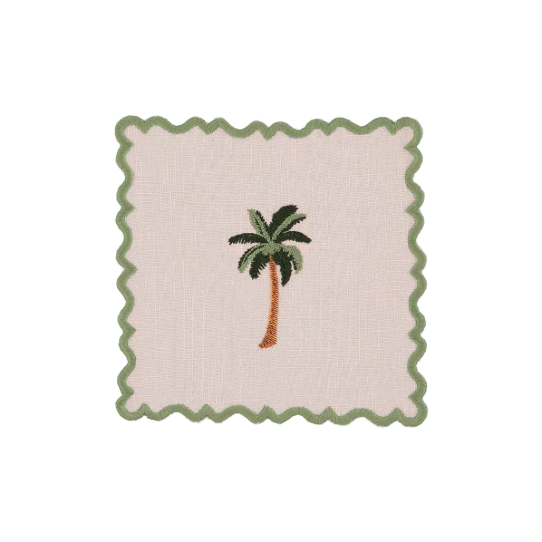 Baby Pink Scalloped Cocktail Napkin with Green Palm Tree