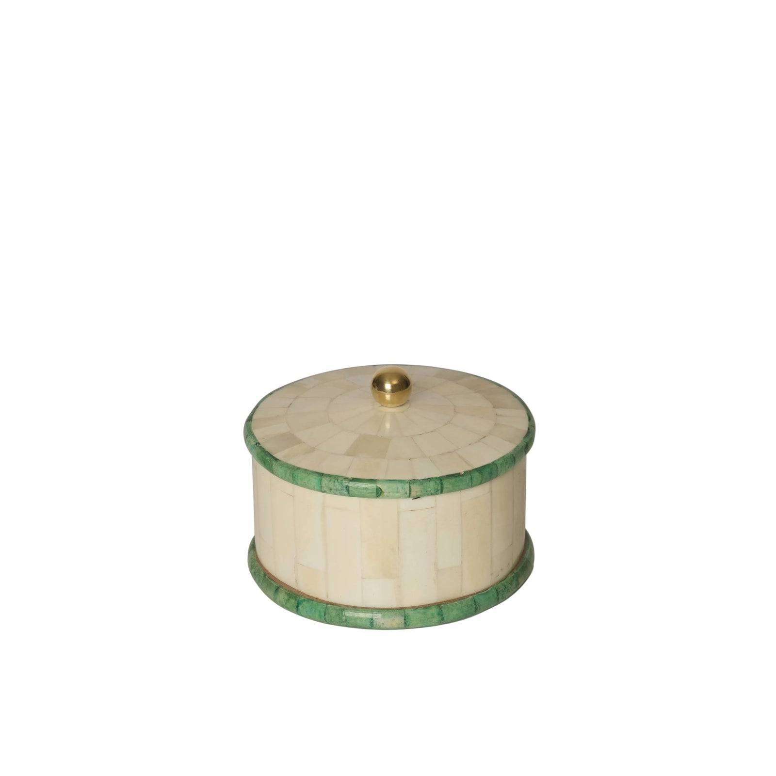 Decorative box with green and gold accents on a white background
