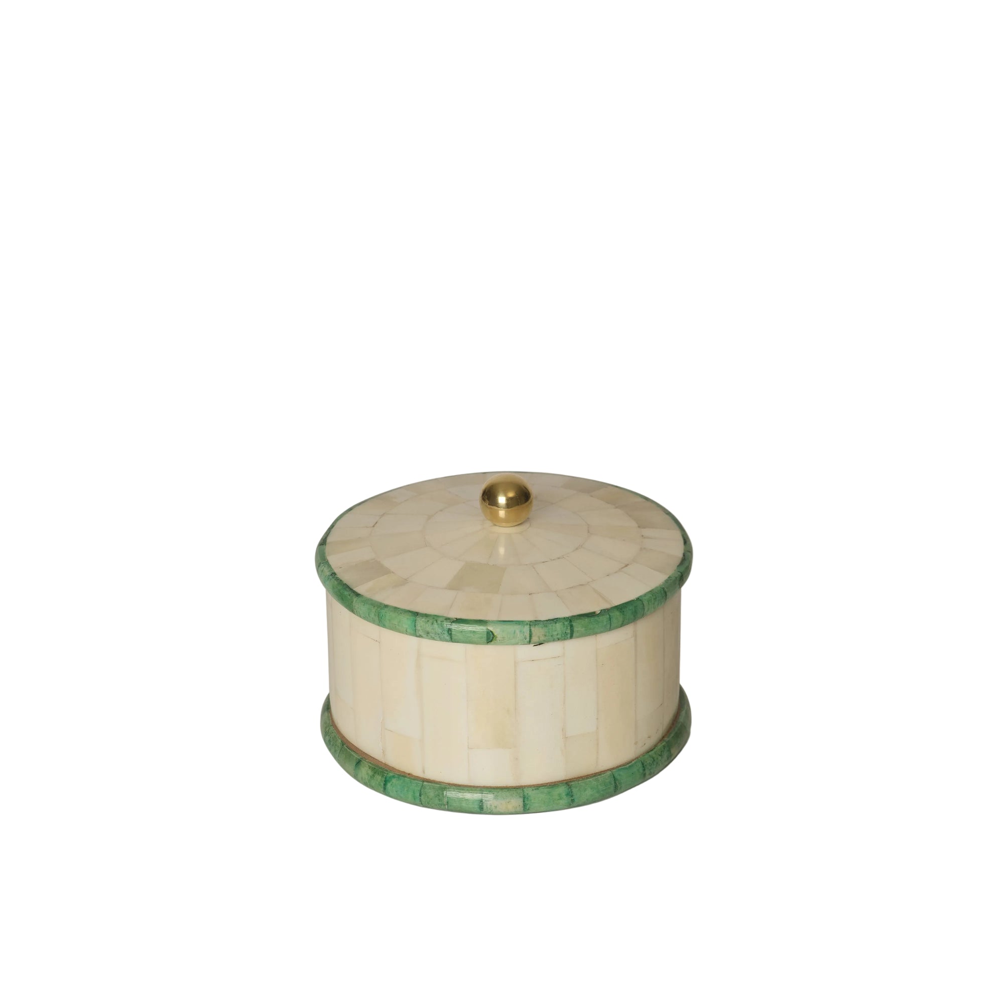 Decorative box with green and gold accents on a white background
