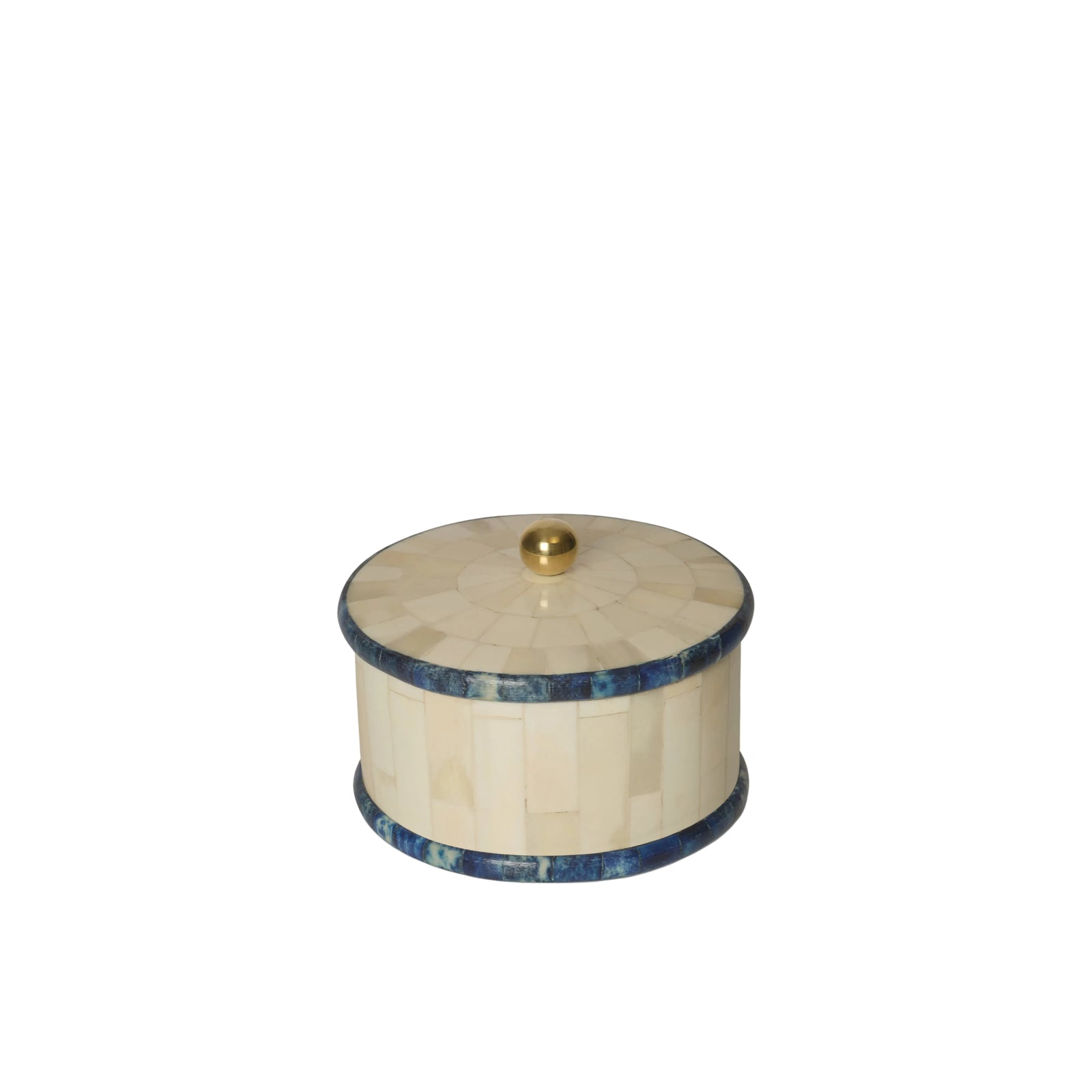 Decorative box with blue accents and a gold lid on a white background