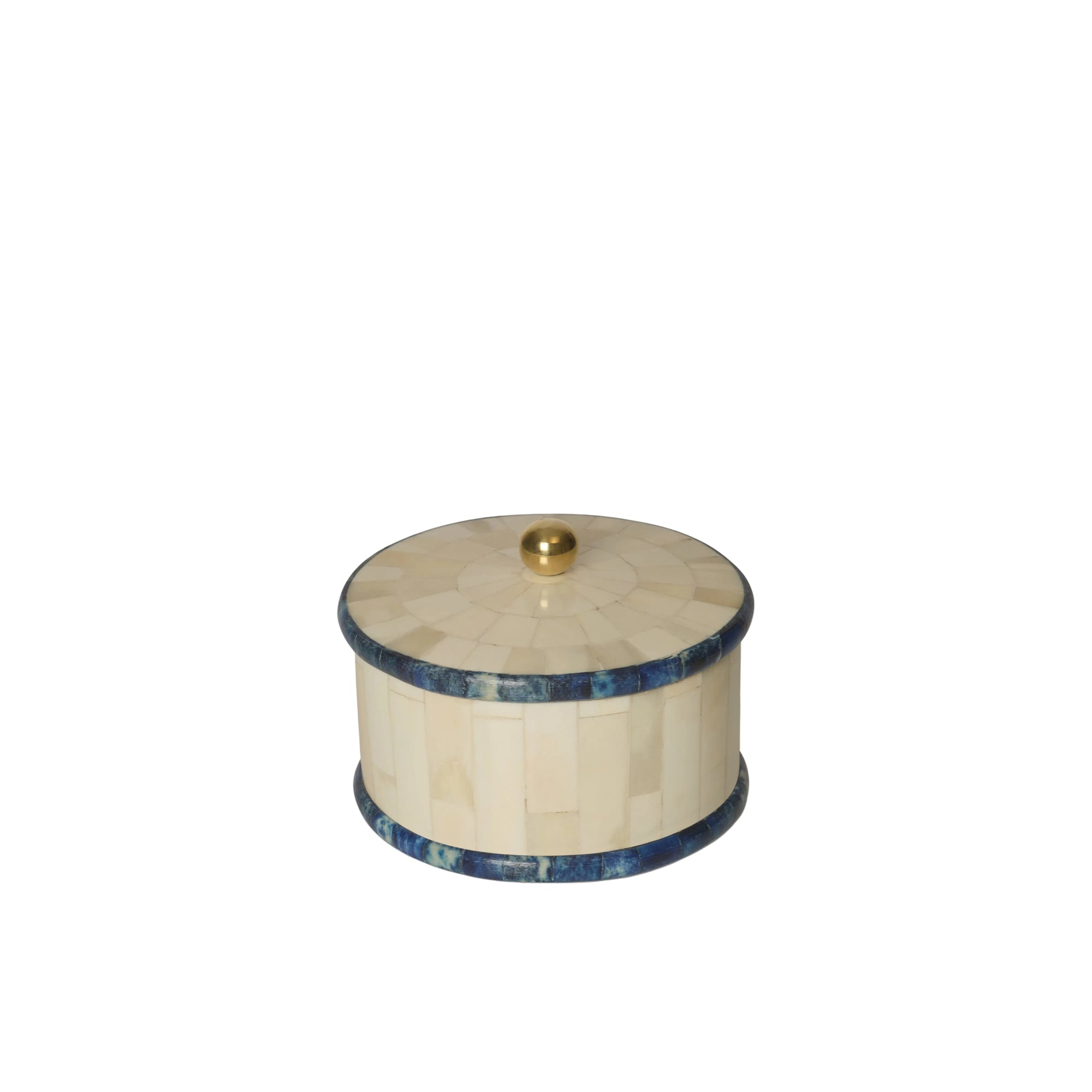 Decorative box with blue accents and a gold lid on a white background