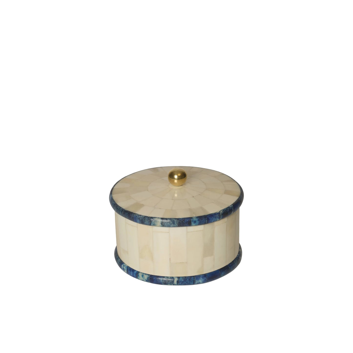 Decorative box with blue accents and a gold lid on a white background