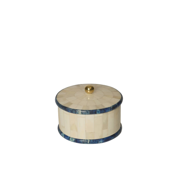 Decorative box with blue accents and a gold lid on a white background