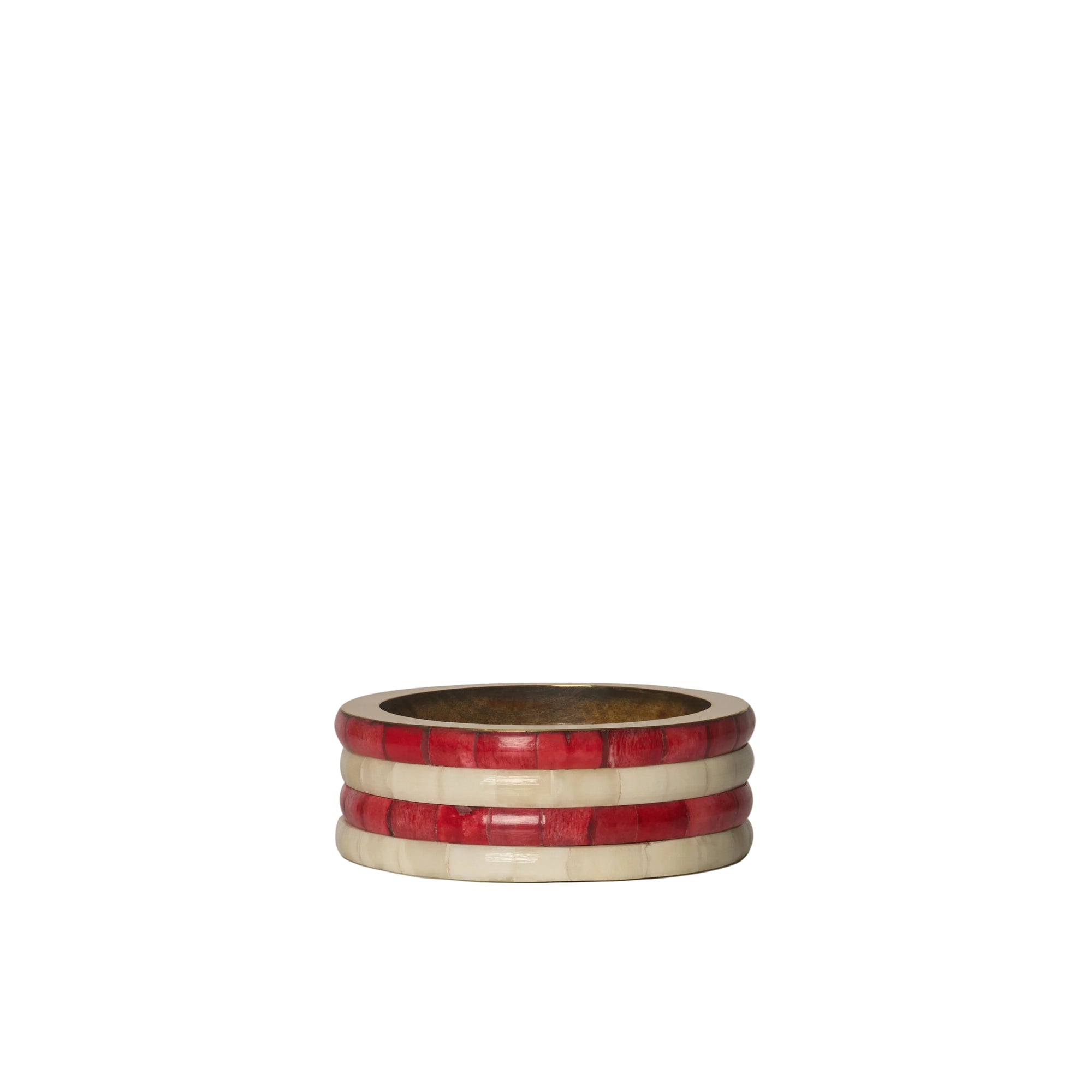 Stack of three rings with red and beige bands on a white background