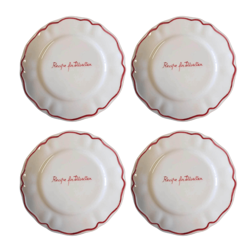 Sveva's Home Ceramic "Recipe for Disaster" Scalloped Plate Set of 4