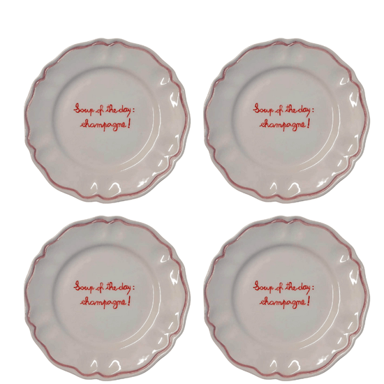 Sveva's Home Ceramic "Soup of the day: Champagne!" Scalloped Plate Set of 4