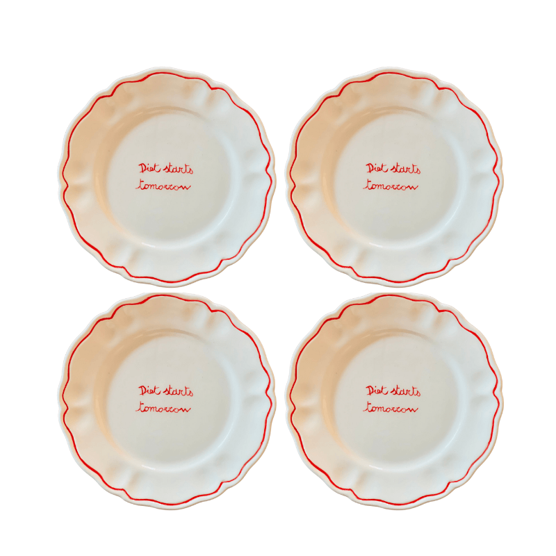 Sveva's Home Ceramic "Diet Starts Tomorrow" Scalloped Plate Set of 4