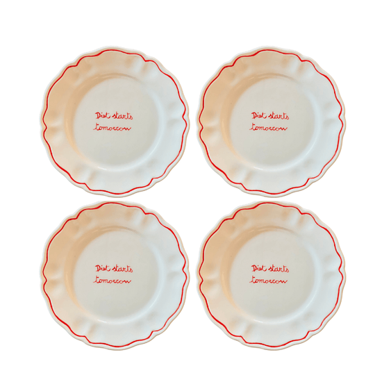 Sveva's Home Ceramic "Diet Starts Tomorrow" Scalloped Plate Set of 4