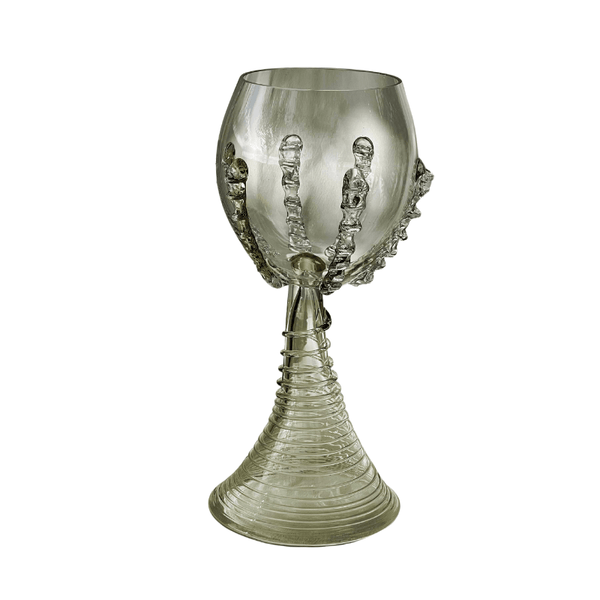 Tall Ribbed Green  Mouth Blown Wine Goblets - Set Of Two