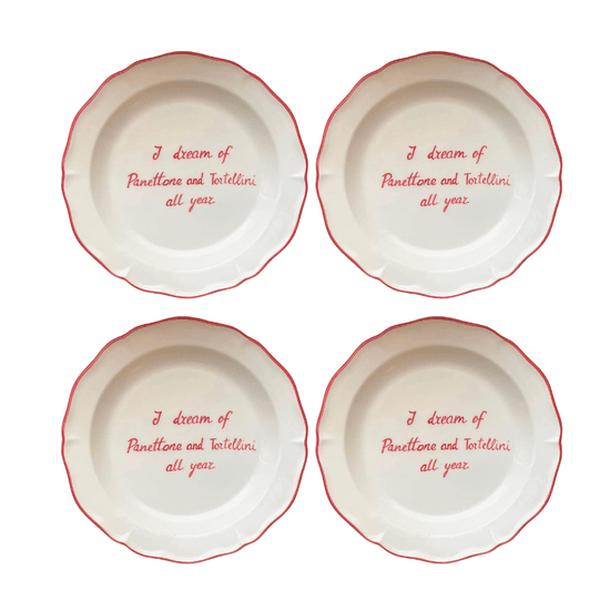 Sveva's Home Ceramic "I dream of Panettone and Tortellini all year" Scalloped Plate Set of 4