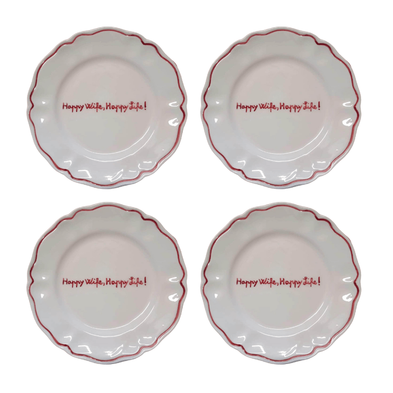 Sveva's Home Ceramic "Happy Wife, Happy Life! " Scalloped Plate Set Of 4
