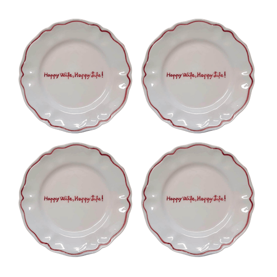 Sveva's Home Ceramic "Happy Wife, Happy Life! " Scalloped Plate Set Of 4