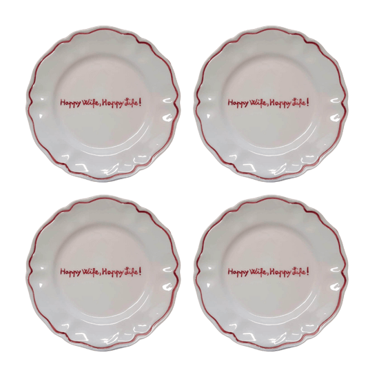 Sveva's Home Ceramic "Happy Wife, Happy Life! " Scalloped Plate Set Of 4