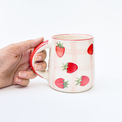 Strawberry Checkered Delight Ceramic Mug 3.5x3 Inches Set of 4 - Casa Amarosa