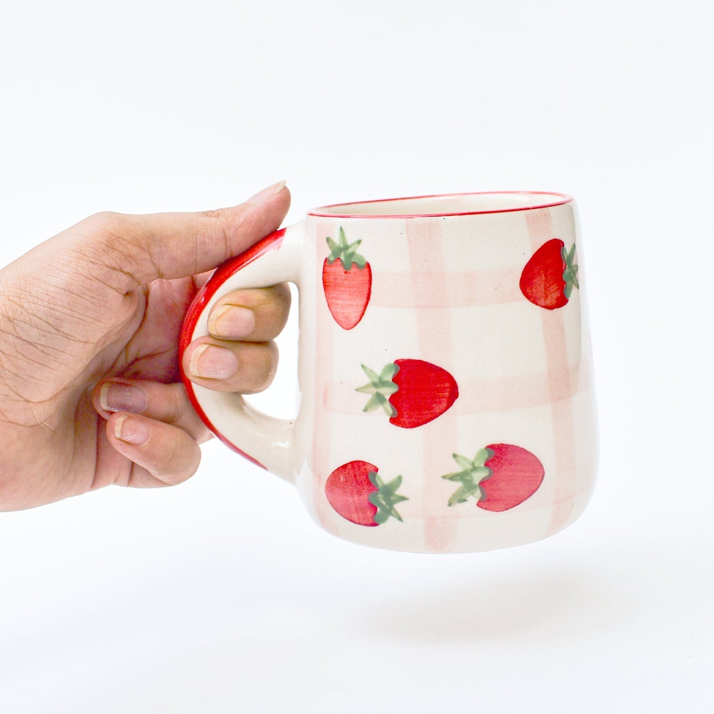 Strawberry Checkered Delight Ceramic Mug 3.5x3 Inches Set of 4 - Casa Amarosa