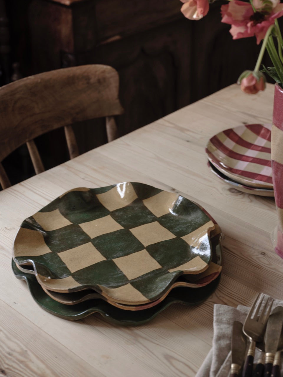 Green Check Wavy Serving Platter