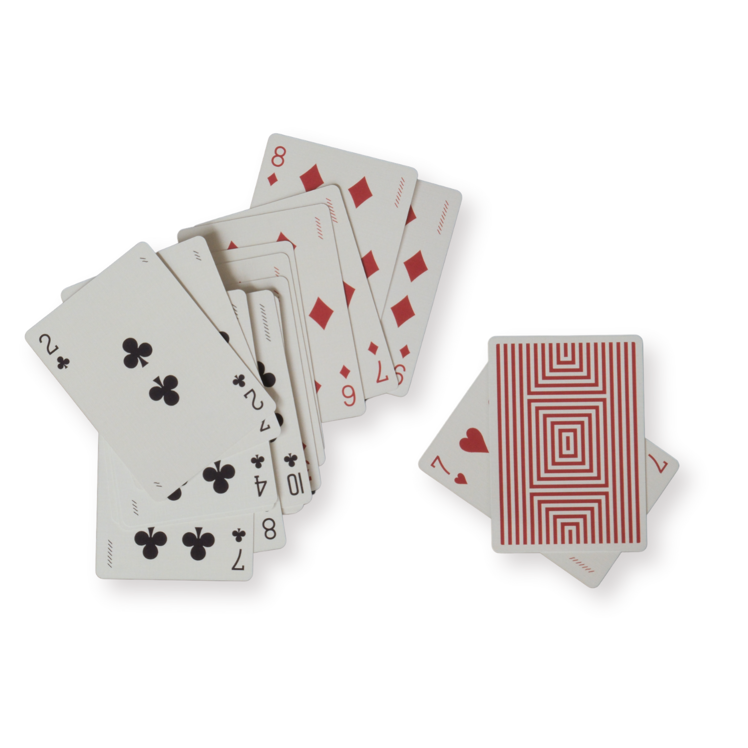 Playing cards with red and black suits on a white background