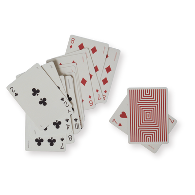 Playing cards with red and black suits on a white background