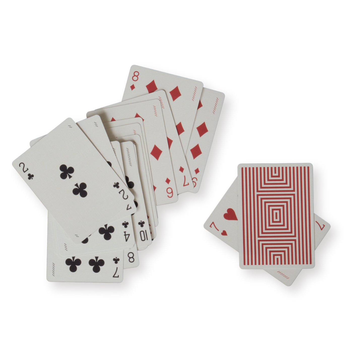 Playing cards with red and black suits on a white background