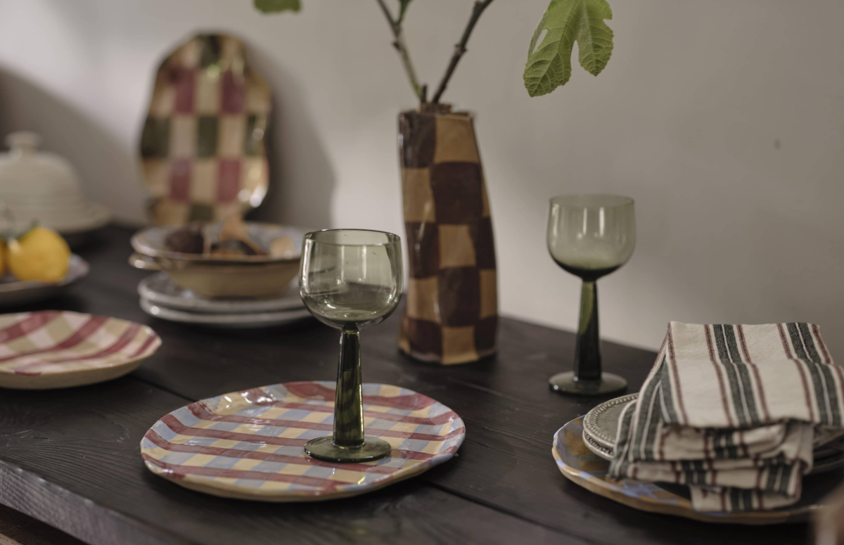 Smokey Olive & Burgundy Wavy Check Platter