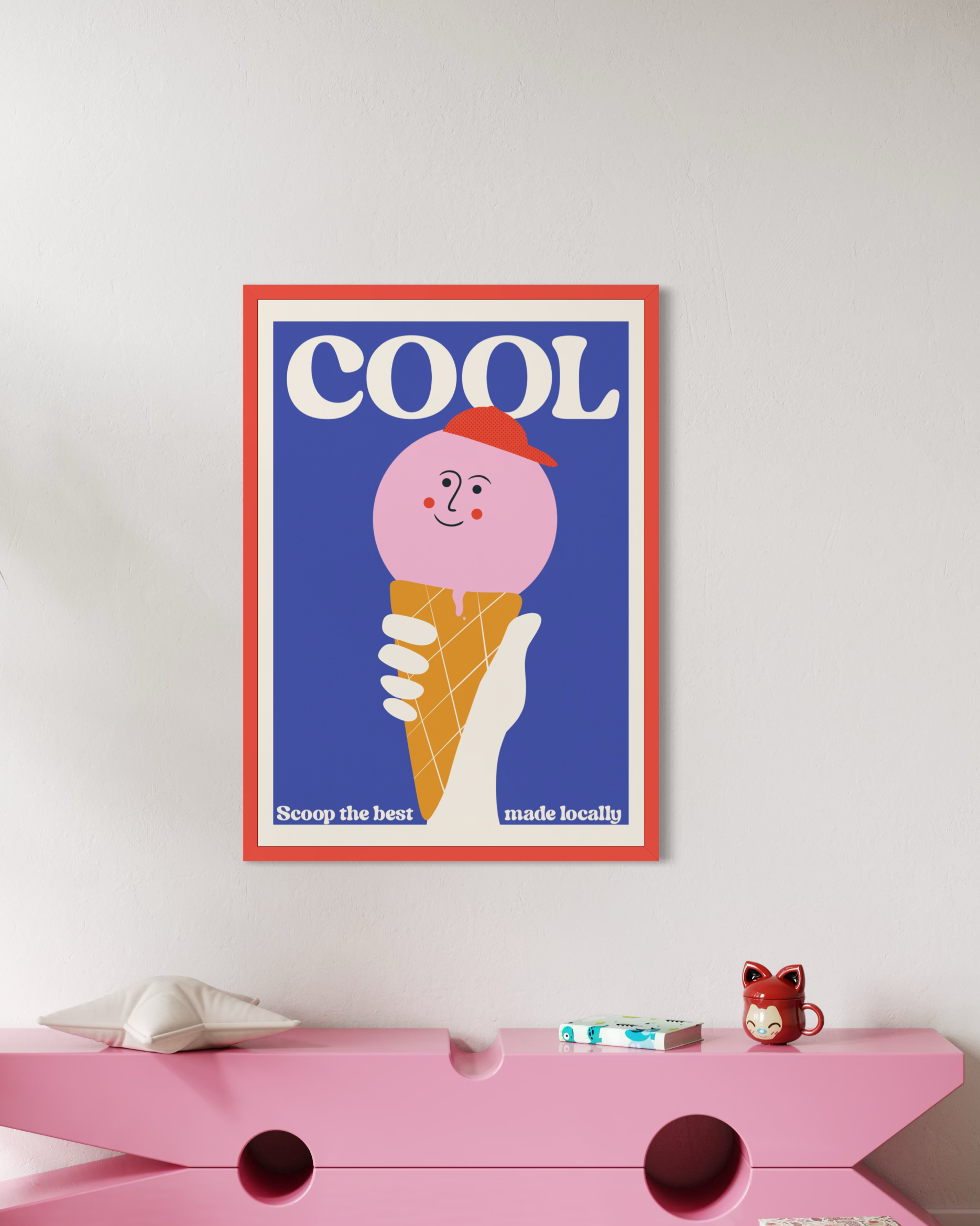 A framed poster featuring a cute illustration of a pink ice cream cone with the word 'COOL' above it. Colourful art work for kids bedroom. 