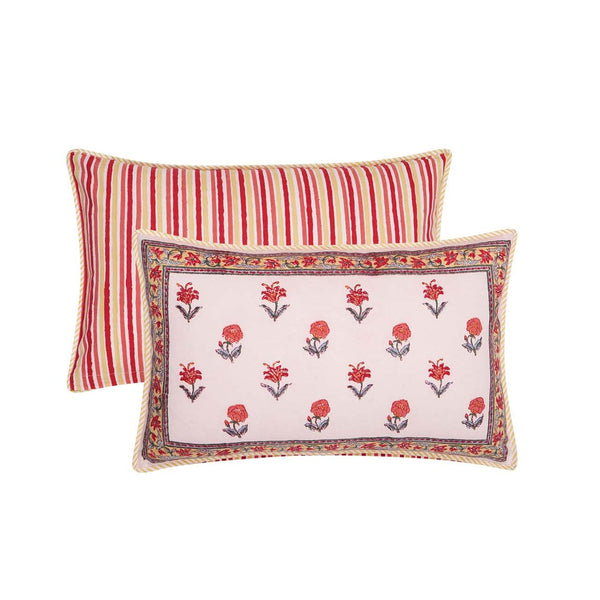 Block printed rectangular Roja Cushion Cover in floral reds and yellows