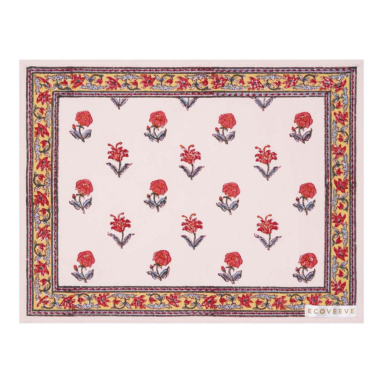 A hand-block printed cotton table mat with a floral pattern in red and yellow on a white background, bordered with a blue and orange design.