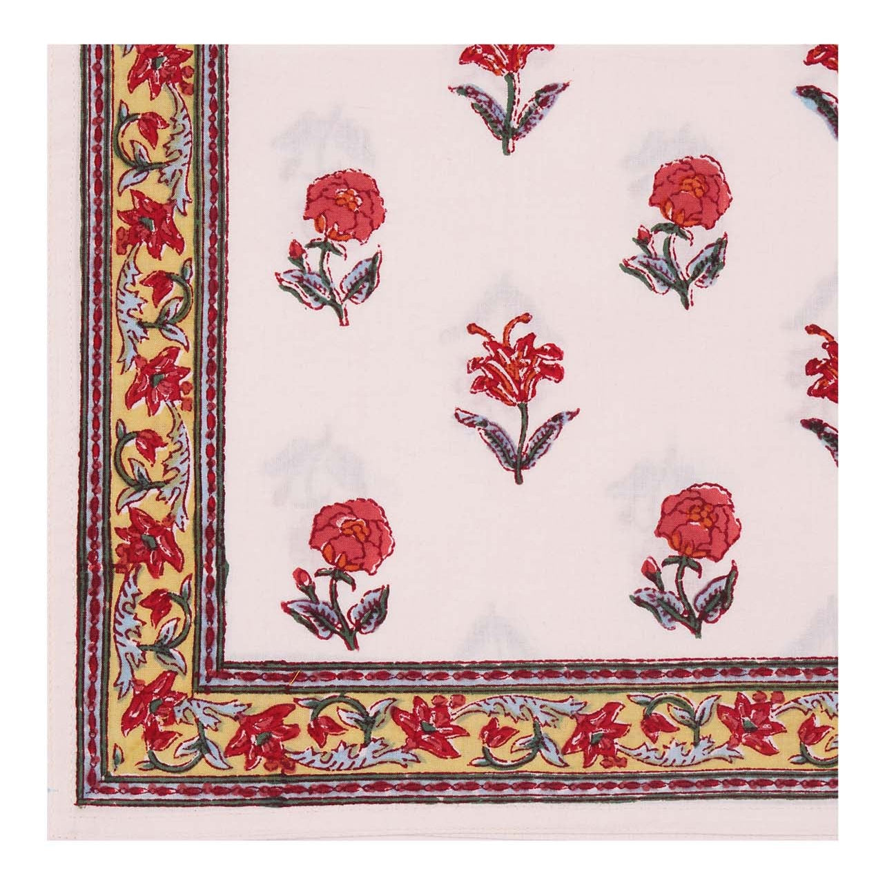 Block printed floral Roja Table napkin in reds, greens and yellows