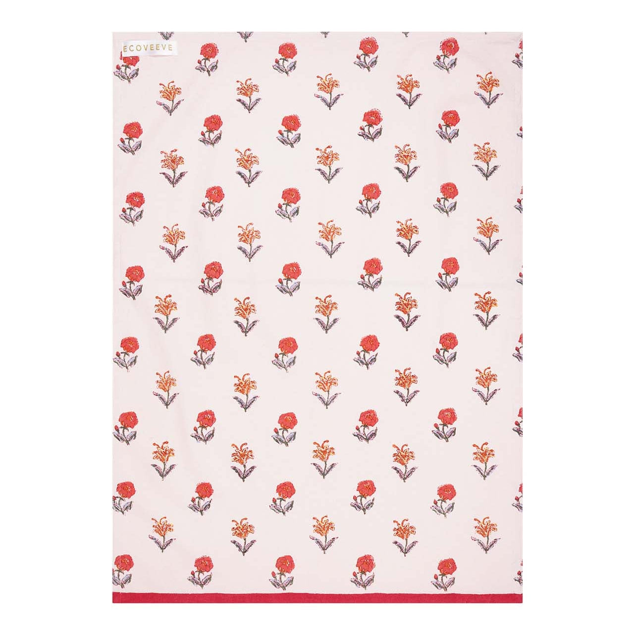 A cotton tea towel with a hand-block printed floral pattern in red and orange on a white background, crafted by artisans.
