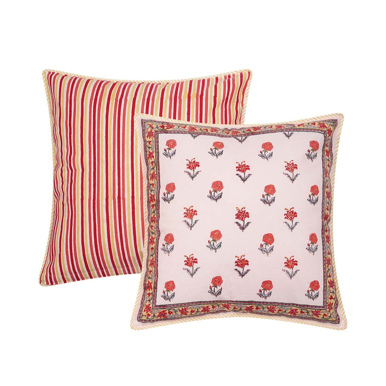 Square block printed Roja Cushion Cover in red and yellow florals