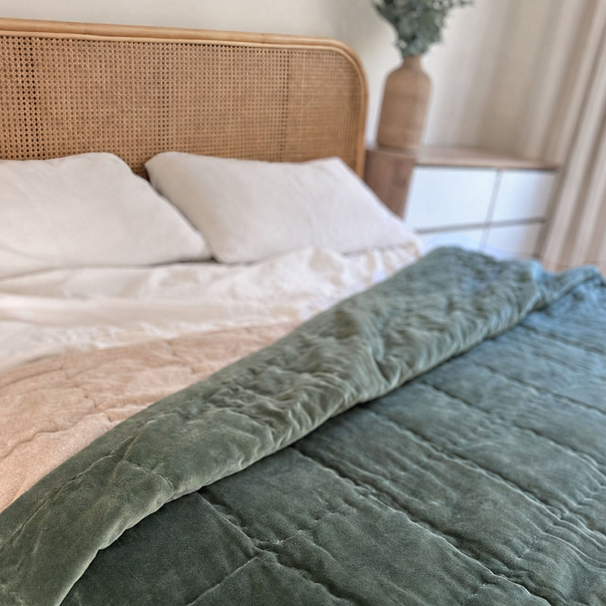 Hand Quilted Velvet Quilt Sage Green