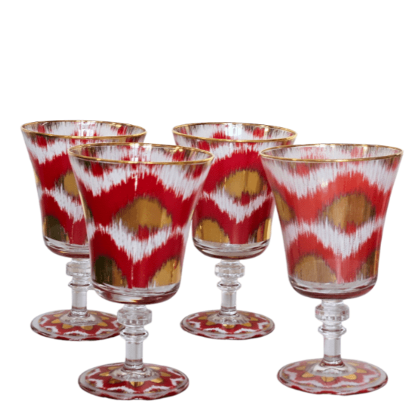Ikat Gold Glasses - Red Goblet Set of 4