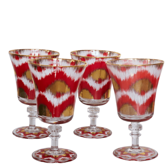 Ikat gold glasses - Red Goblet Set of 4