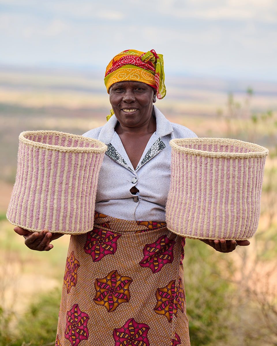Kipuli: Bordeaux and Pink Pinstripe Woven Storage Basket