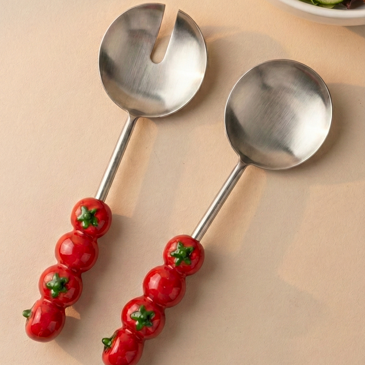 Salad Server with Tomato Handle, (Set of 2 ) - 9.5x3 Inches