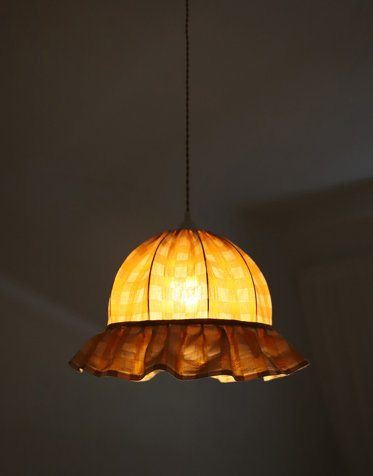 Vintage Dome Pendant Light with Ruffles in Mustard Gingham Print