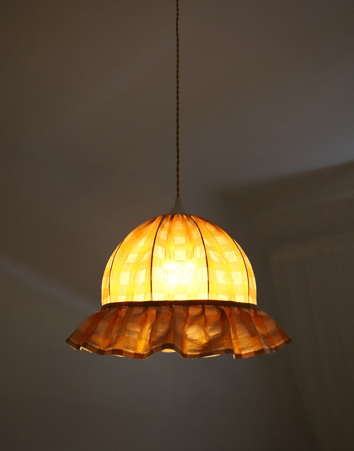 Vintage Dome Pendant Light with Ruffles in Mustard Gingham Print
